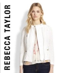 REBECCA Taylor Women's Eyelet Asymmetrical Zip Moto Jacket Ivory Sz 0 XS Tweed